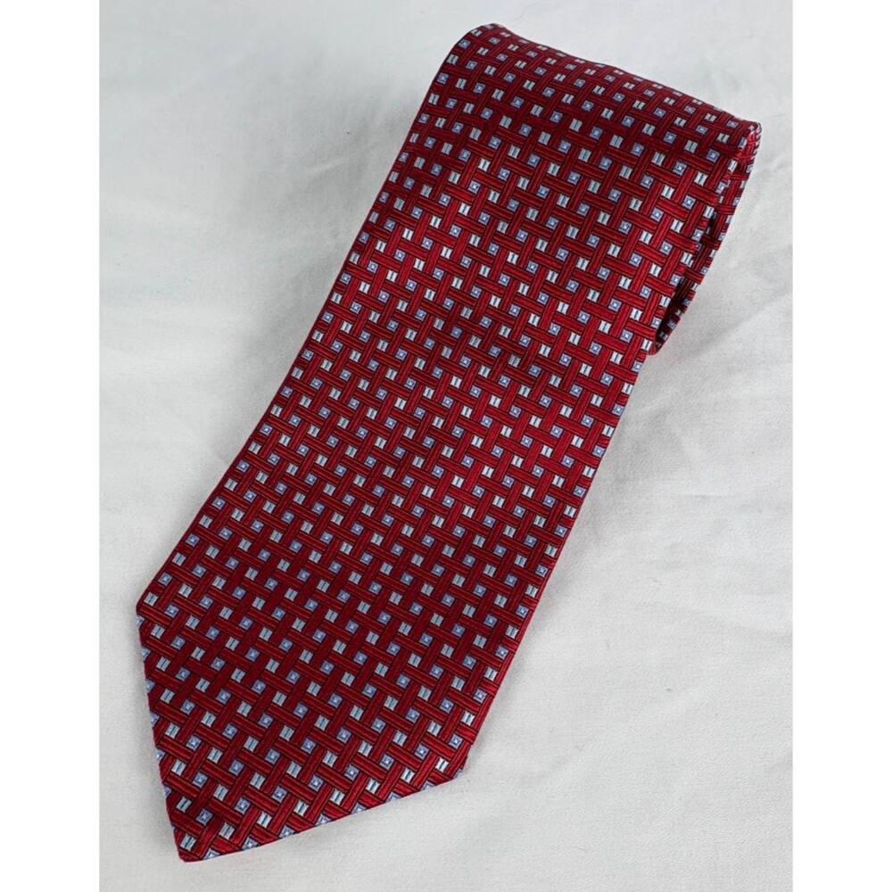 Brooks Brothers Makers Mens Tie Red Blue Geometric Woven Silk Feel 59x3.5